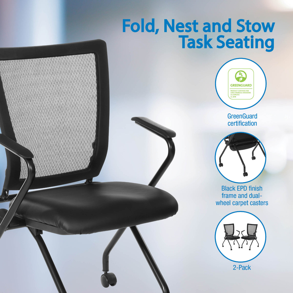 Soft PU Padded ProGrid® Back Folding/Nesting Chair with Arms, Dillon Black Padded Seat  (2-Pack)
