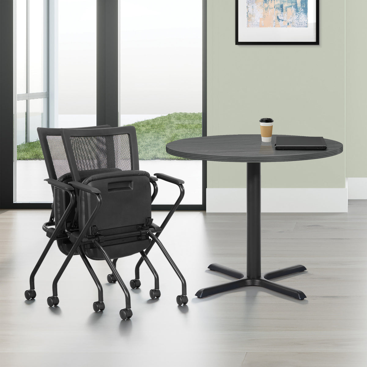 Soft PU Padded ProGrid® Back Folding/Nesting Chair with Arms, Dillon Black Padded Seat  (2-Pack)
