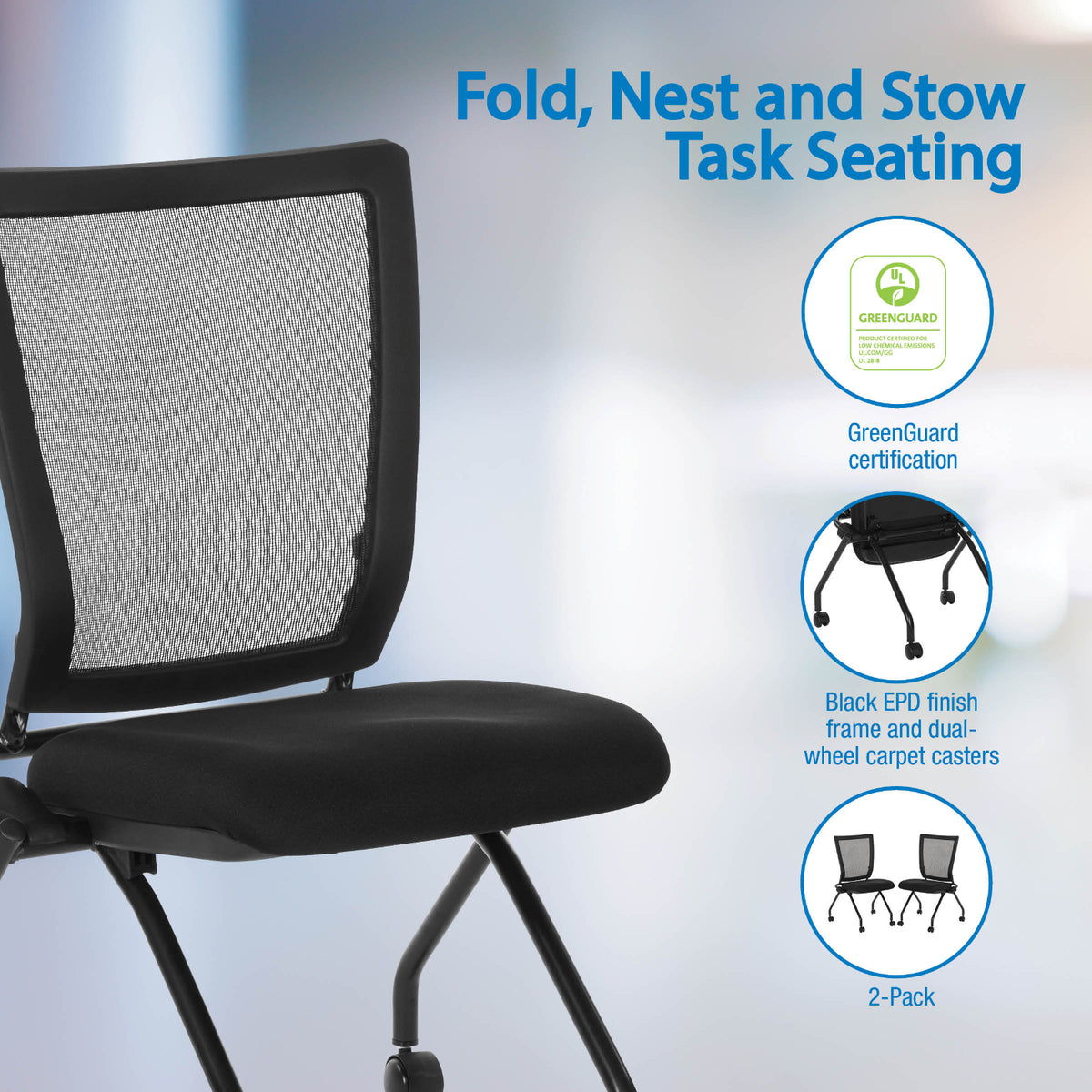 Soft PU Padded ProGrid® Back Armless Folding/Nesting Chair, FreeFlex® II Coal Padded Fabric Seat  (2-Pack)