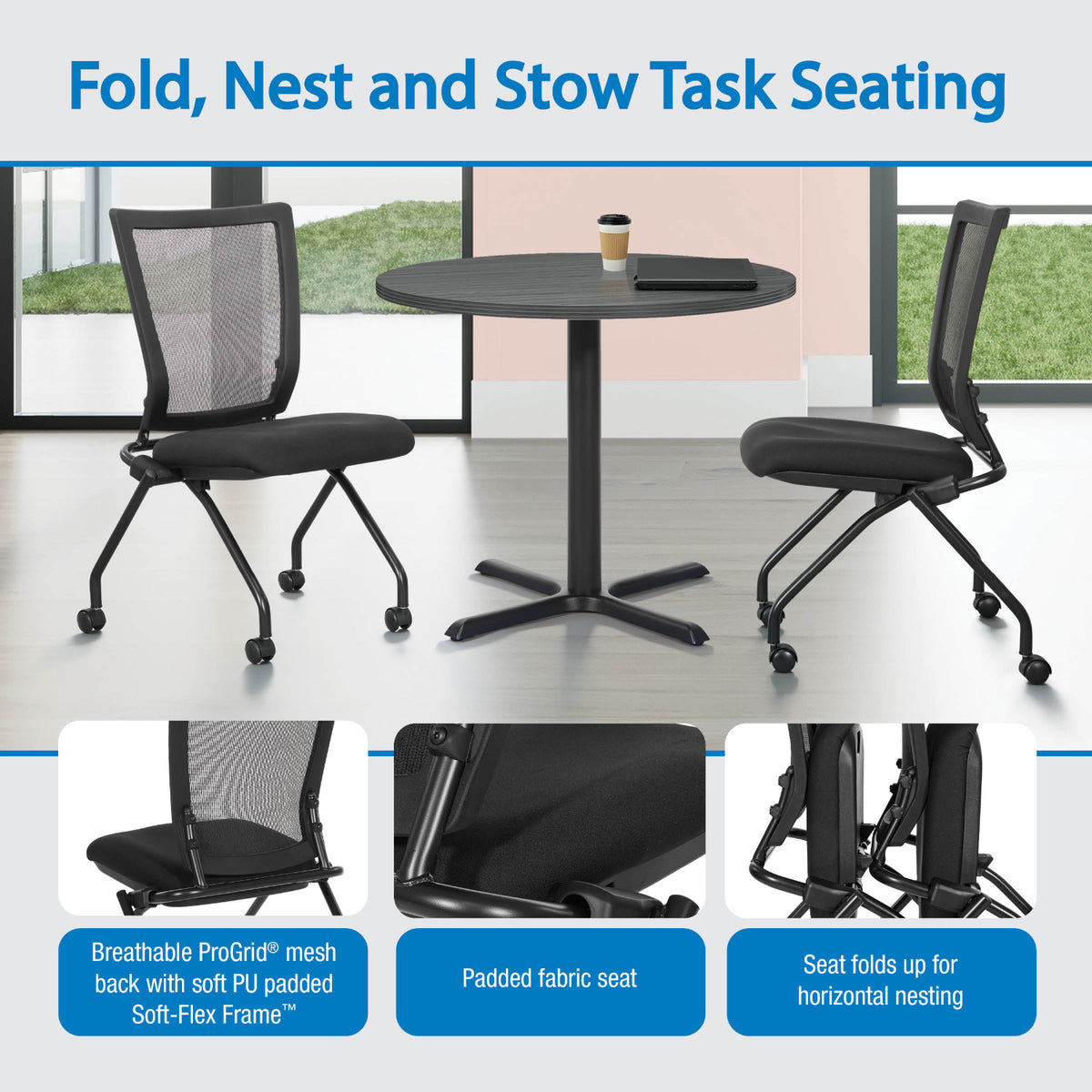 Soft PU Padded ProGrid® Back Armless Folding/Nesting Chair, FreeFlex® II Coal Padded Fabric Seat  (2-Pack)