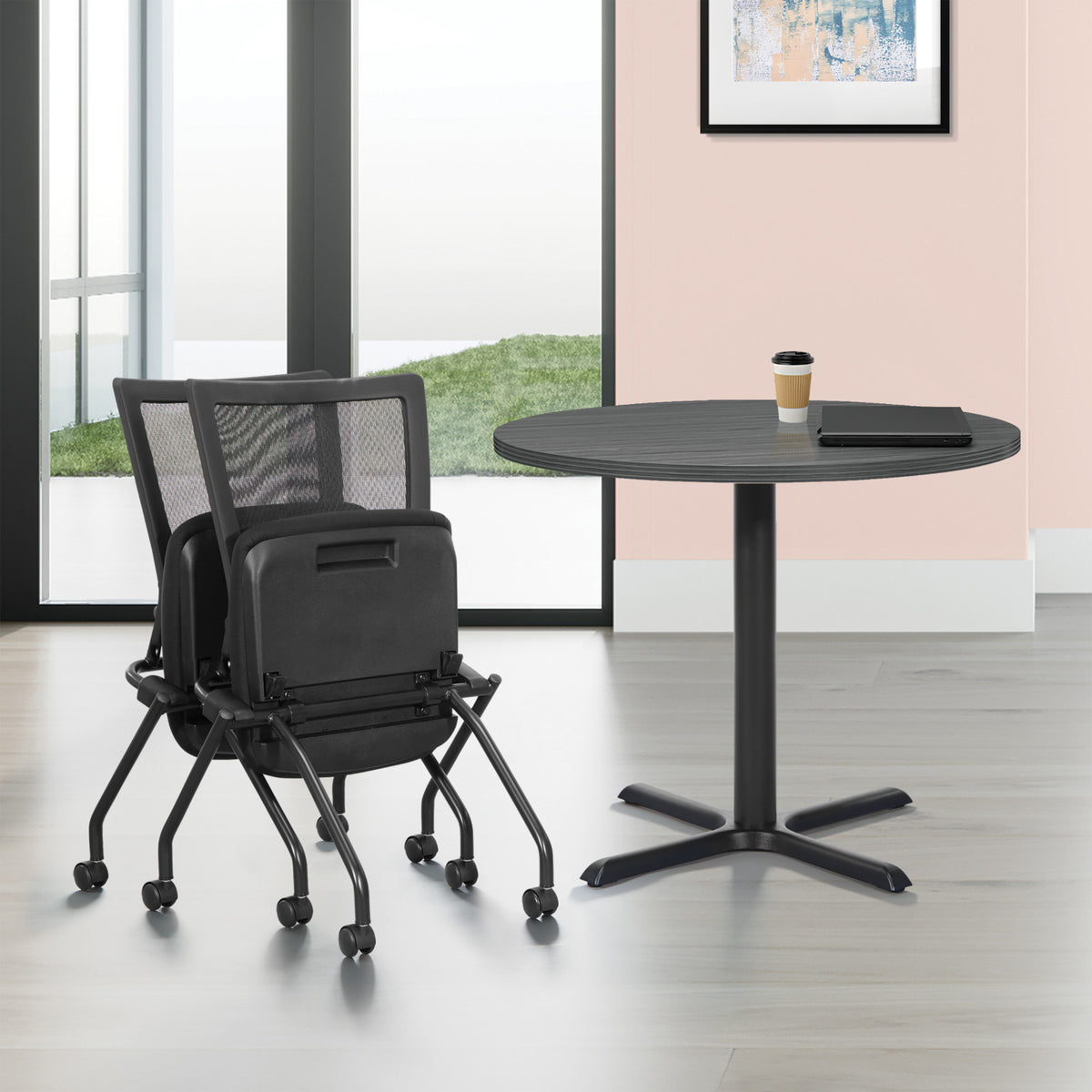 Soft PU Padded ProGrid® Back Armless Folding/Nesting Chair, FreeFlex® II Coal Padded Fabric Seat  (2-Pack)