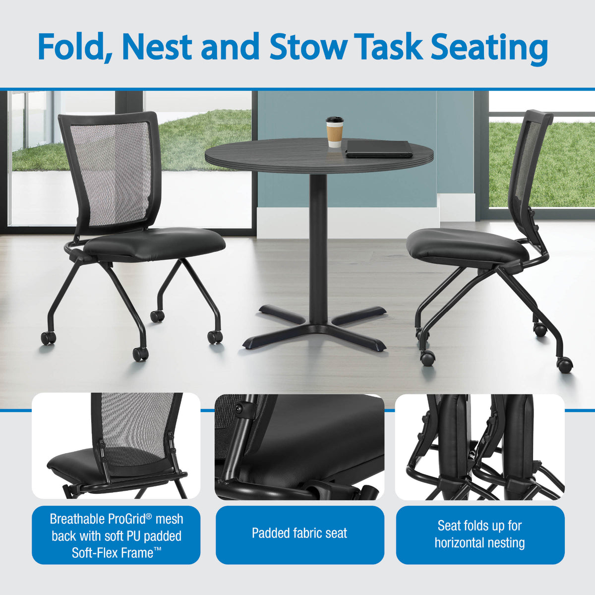 Soft PU Padded ProGrid® Back Armless Folding/Nesting Chair, Dillon Black Padded Seat  (2-Pack)