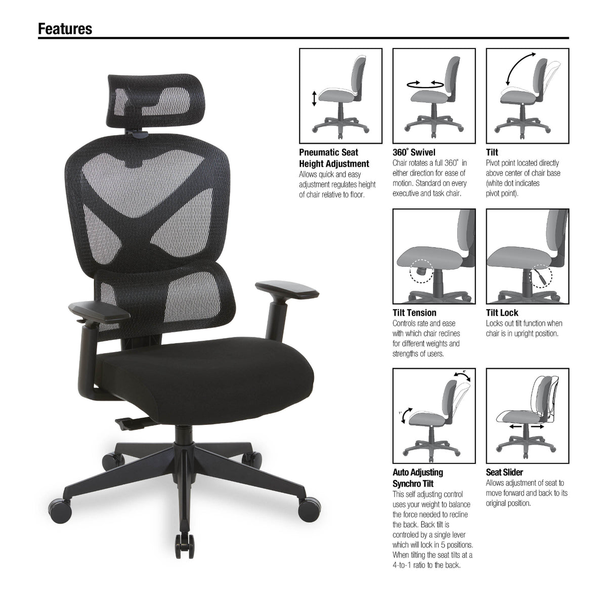 Manager's Chair with Headrest. Breathable Black Mesh Back and  Black Fabric Seat