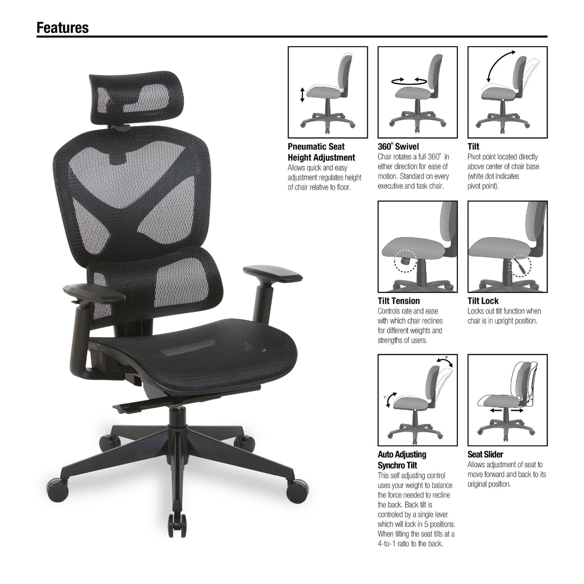 Manager's Chair with Headrest, Breathable Black Mesh Seat and Back