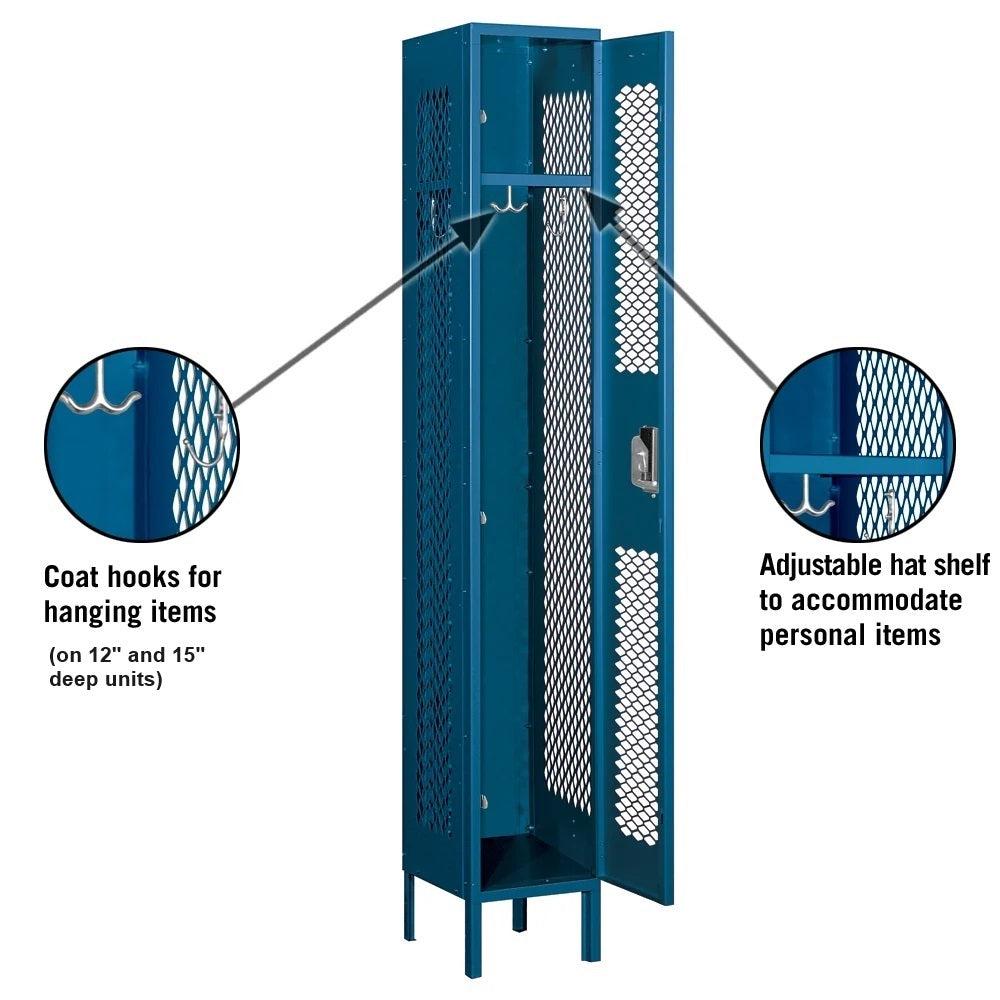 12" Wide Single Tier Vented Metal Locker, 1 Wide, 6 Feet High, Assembled