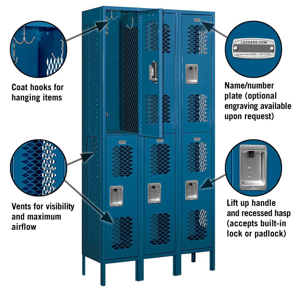 12" Wide Double Tier Vented Metal Locker, 3 Wide, 6 Feet High, Assembled
