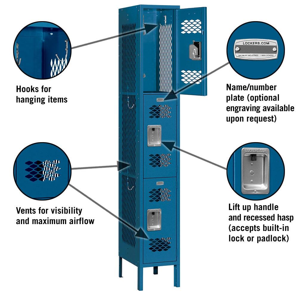 12" Wide Triple Tier Vented Metal Locker, 1 Wide, 6 Feet High,  Assembled