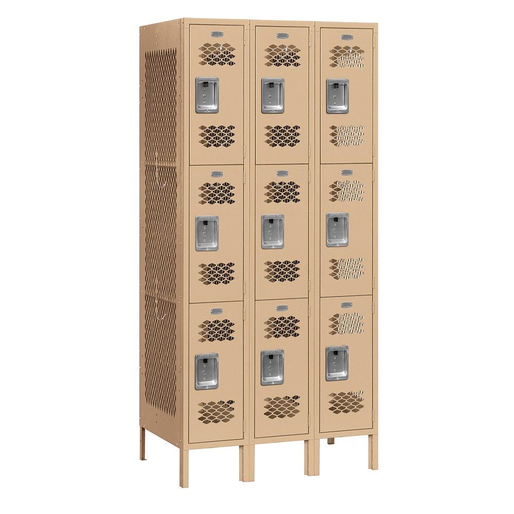 12" Wide Triple Tier Vented Metal Locker, 3 Wide, 6 Feet High, Assembled