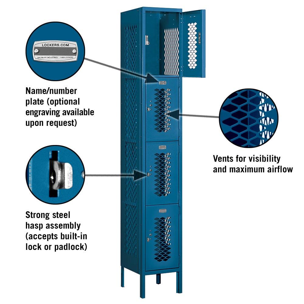 12" Wide Four Tier Vented Metal Locker, 1 Wide, 6 Feet High, Assembled