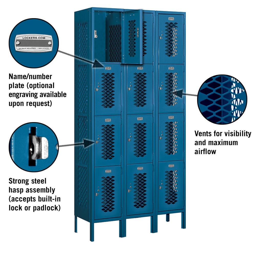 12" Wide Four Tier Vented Metal Locker, 3 Wide, 6 Feet High, Assembled