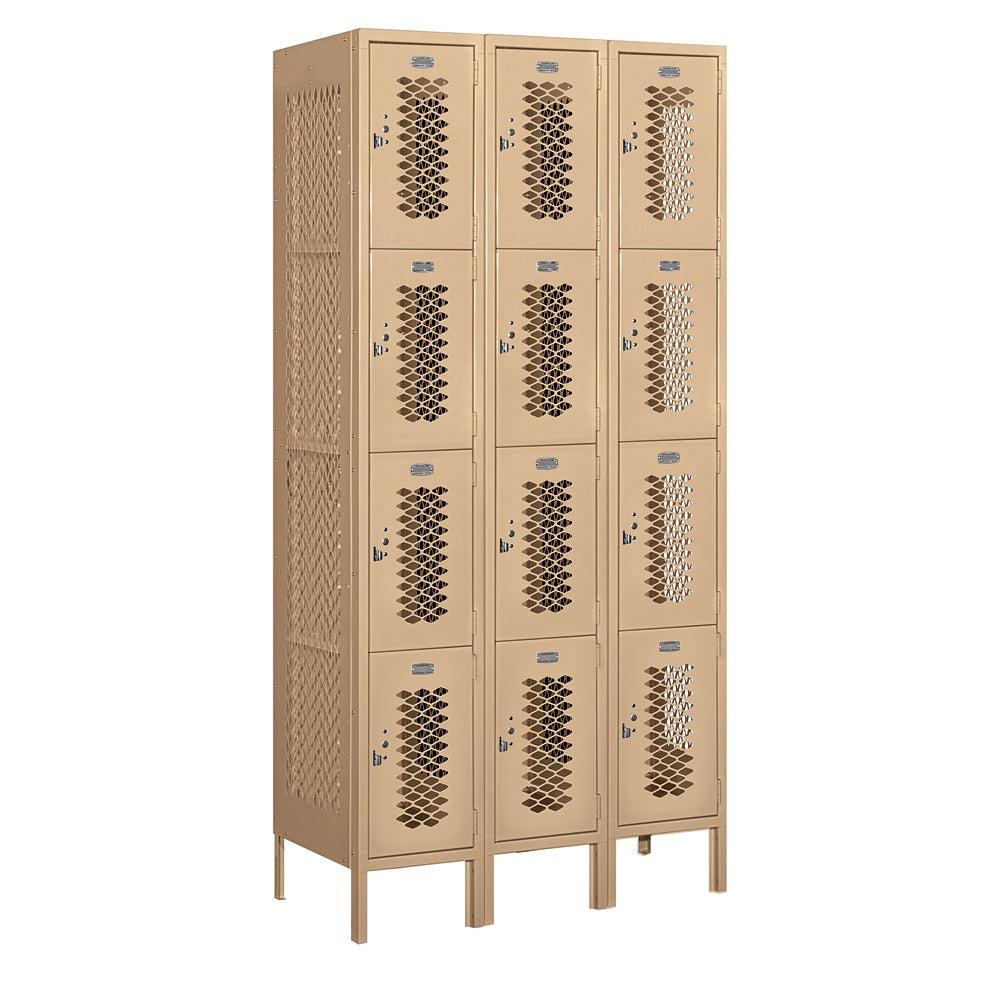 12" Wide Four Tier Vented Metal Locker, 3 Wide, 6 Feet High, Assembled