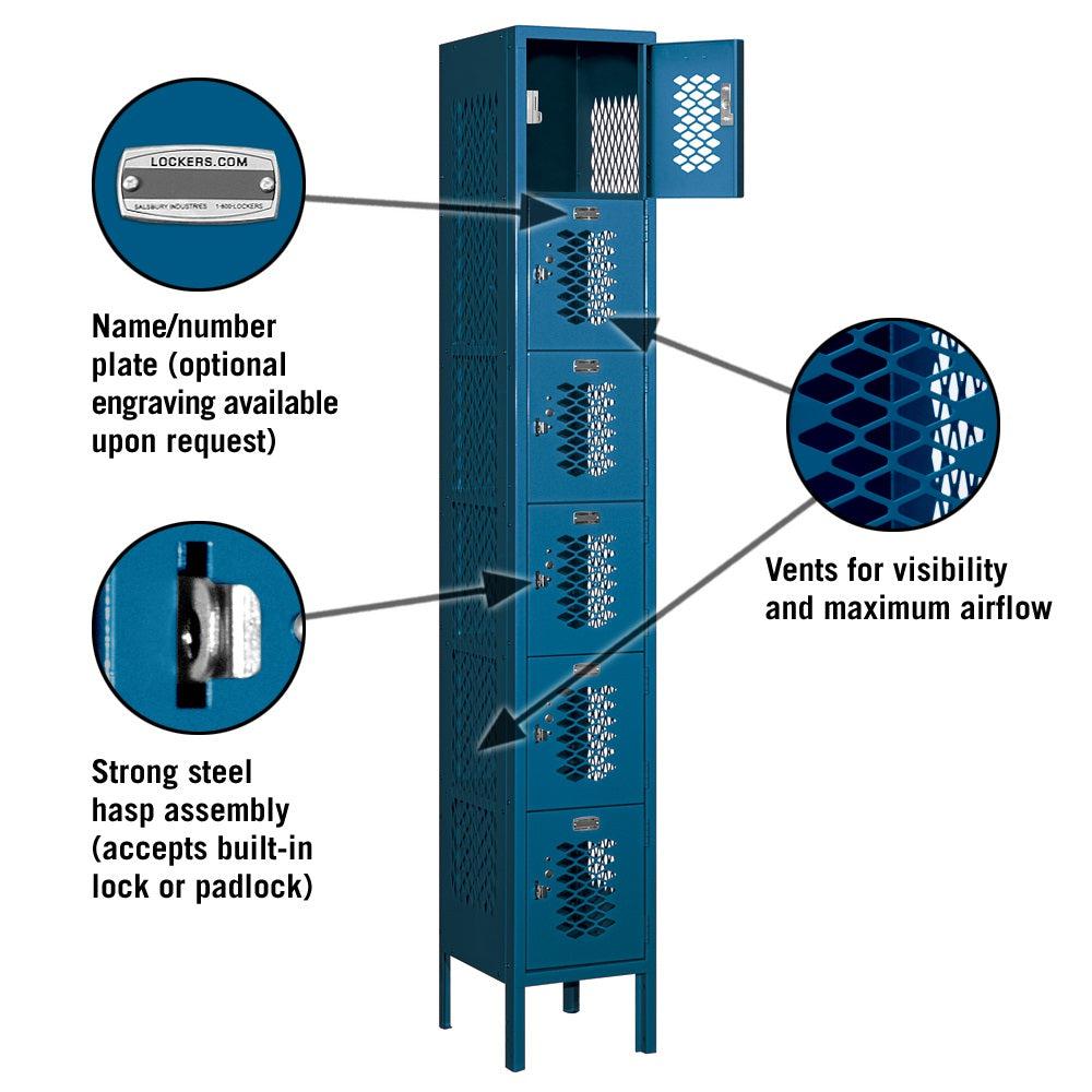 12" Wide Six Tier Box Style Vented Metal Locker, 1 Wide, 6 Feet High, Assembled