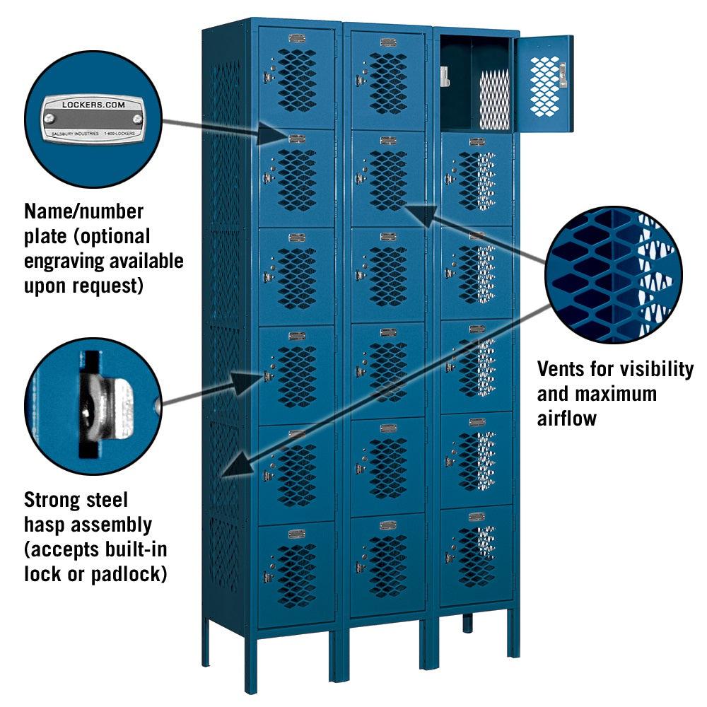 12" Wide Six Tier Box Style Vented Metal Locker, 3 Wide, 6 Feet High, Assembled