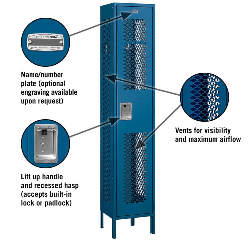 15" Wide Single Tier Vented Metal Locker, 1 Wide, 6 Feet High, Assembled