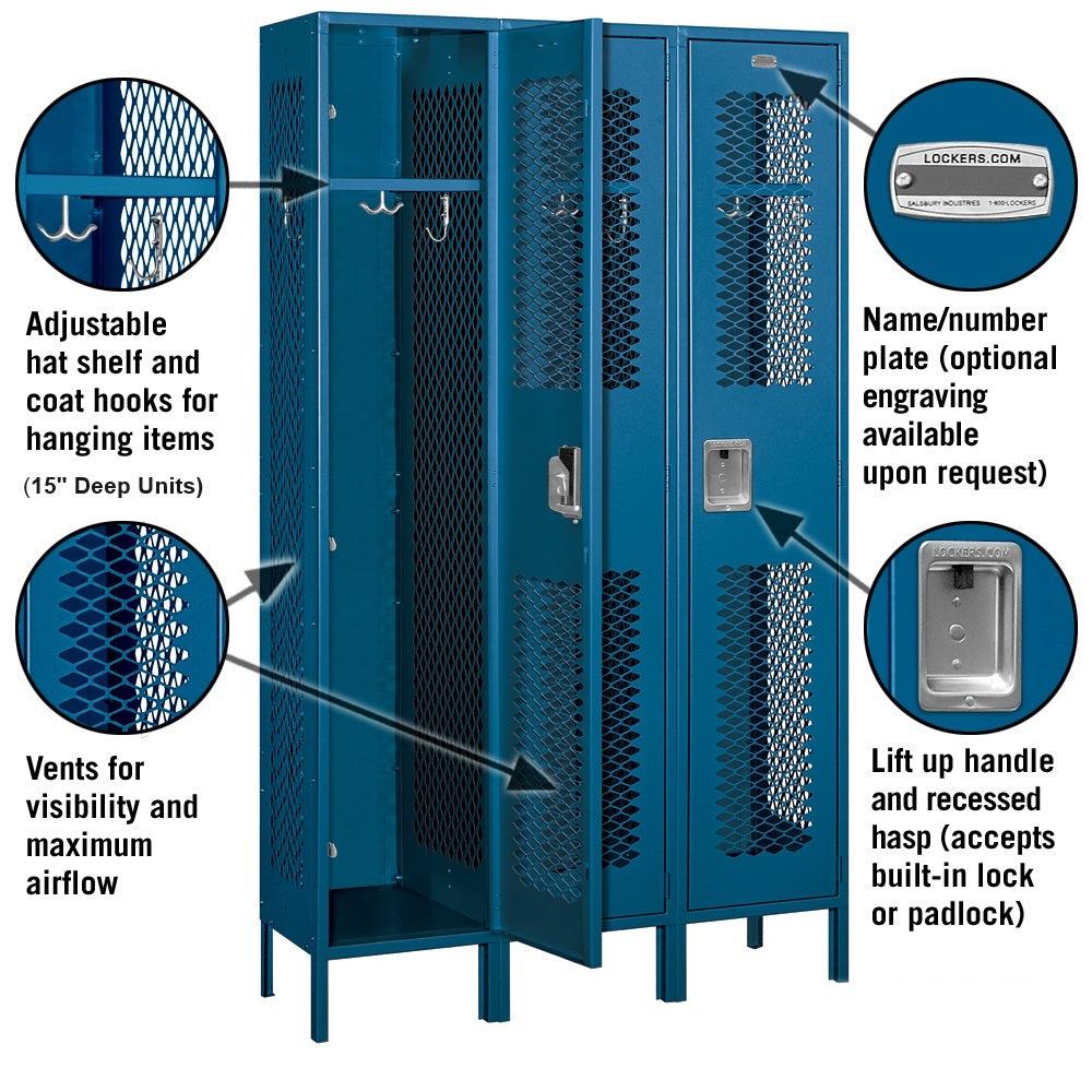 15" Wide Single Tier Vented Metal Locker, 3 Wide, 6 Feet High, Assembled
