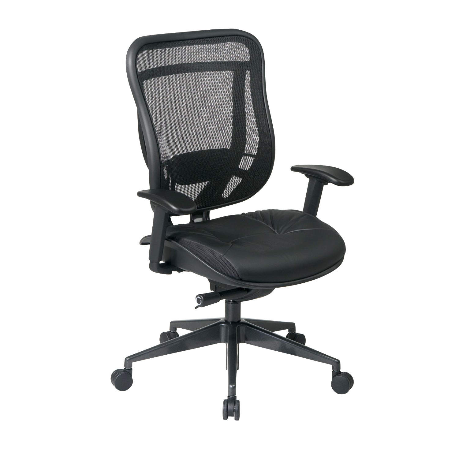 Breathable Mesh Back and Black Leather Seat Executive High Back Chair with Adjustable Arms and Lumbar, Seat Slider and Industrial Steel Finish Angled Base, 300 Lbs Weight Capacity