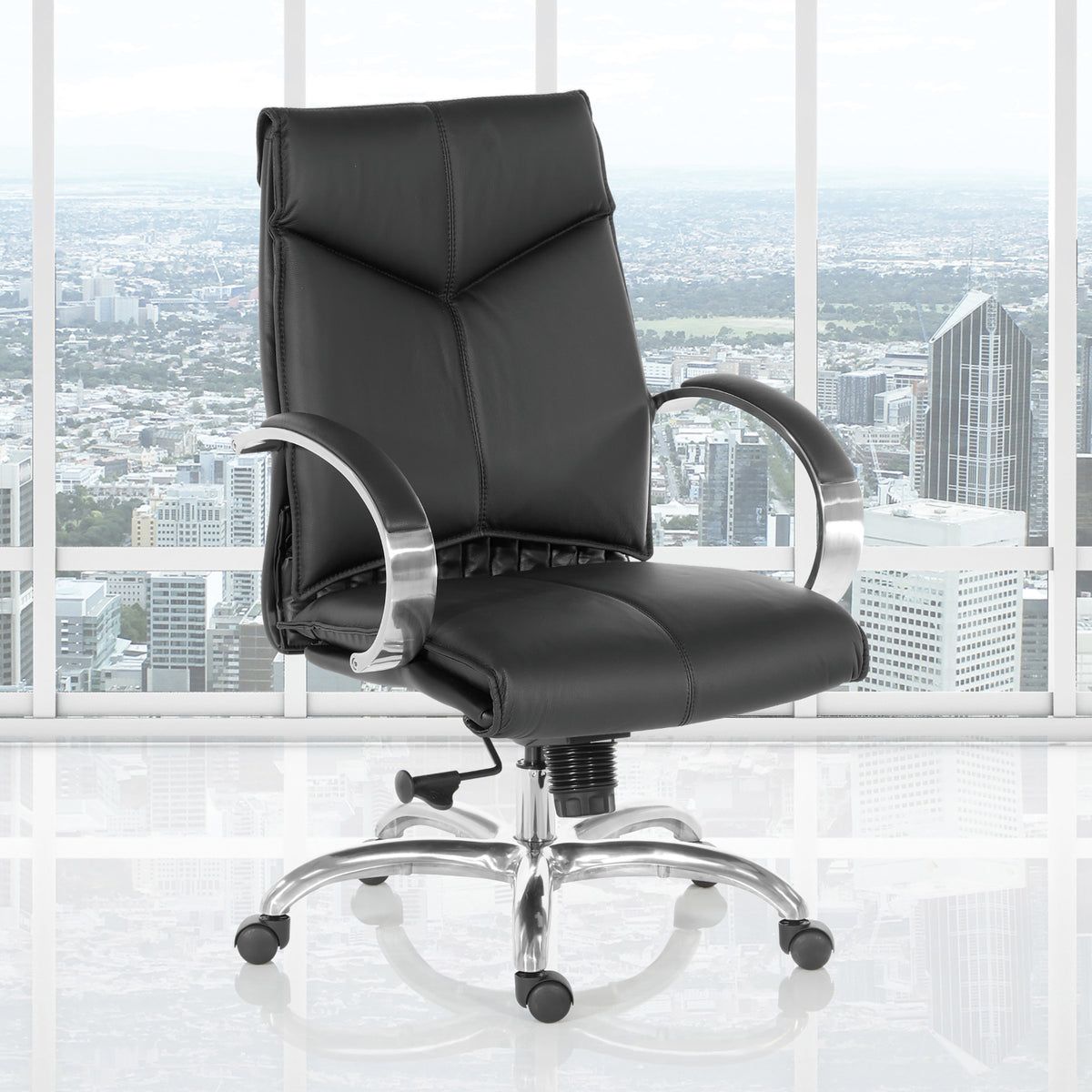 Deluxe Executive Leather Mid-Back Chair with Polished Aluminum Base and Padded Arms