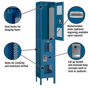 15" Wide Double Tier Vented Metal Locker, 1 Wide, 6 Feet High, Assembled