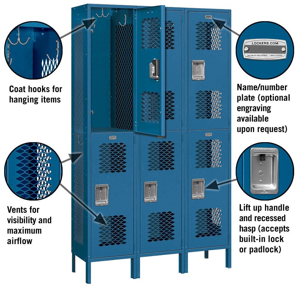 15" Wide Double Tier Vented Metal Locker, 3 Wide, 6 Feet High, Assembled
