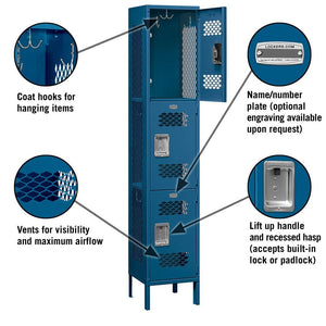 15" Wide Triple Tier Vented Metal Locker, 1 Wide, 6 Feet High, Assembled