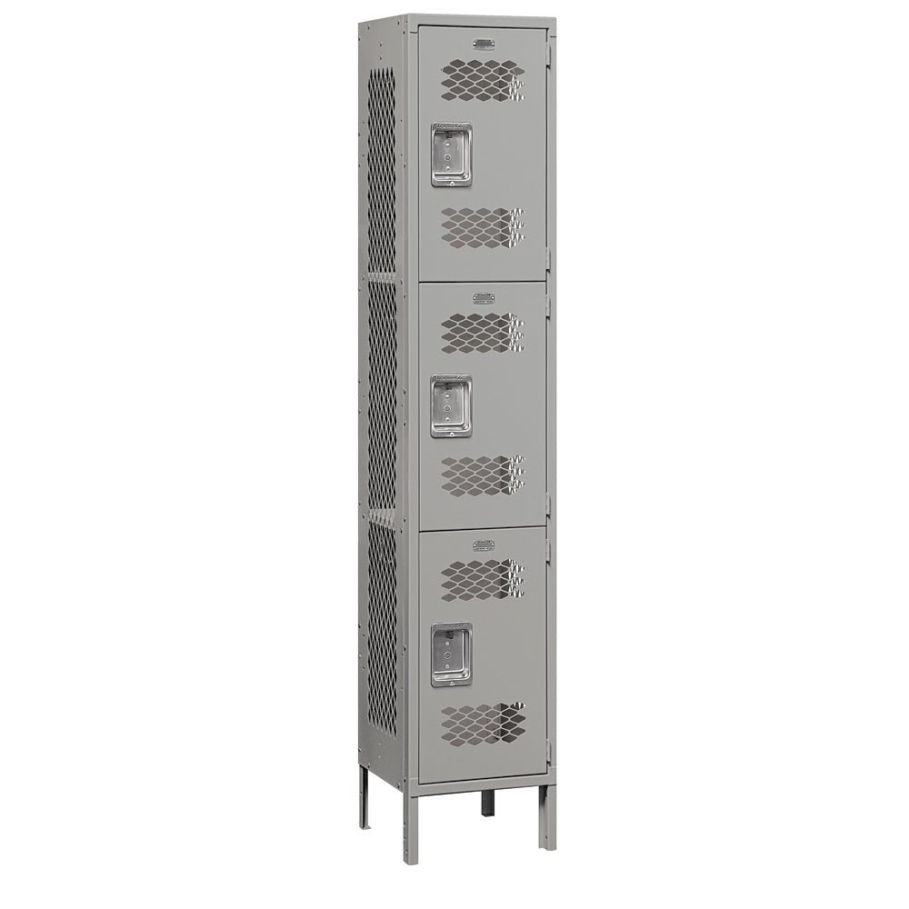 15" Wide Triple Tier Vented Metal Locker, 1 Wide, 6 Feet High, Assembled