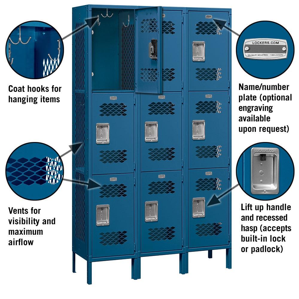 15" Wide Triple Tier Vented Metal Locker, 3 Wide, 6 Feet High, Assembled