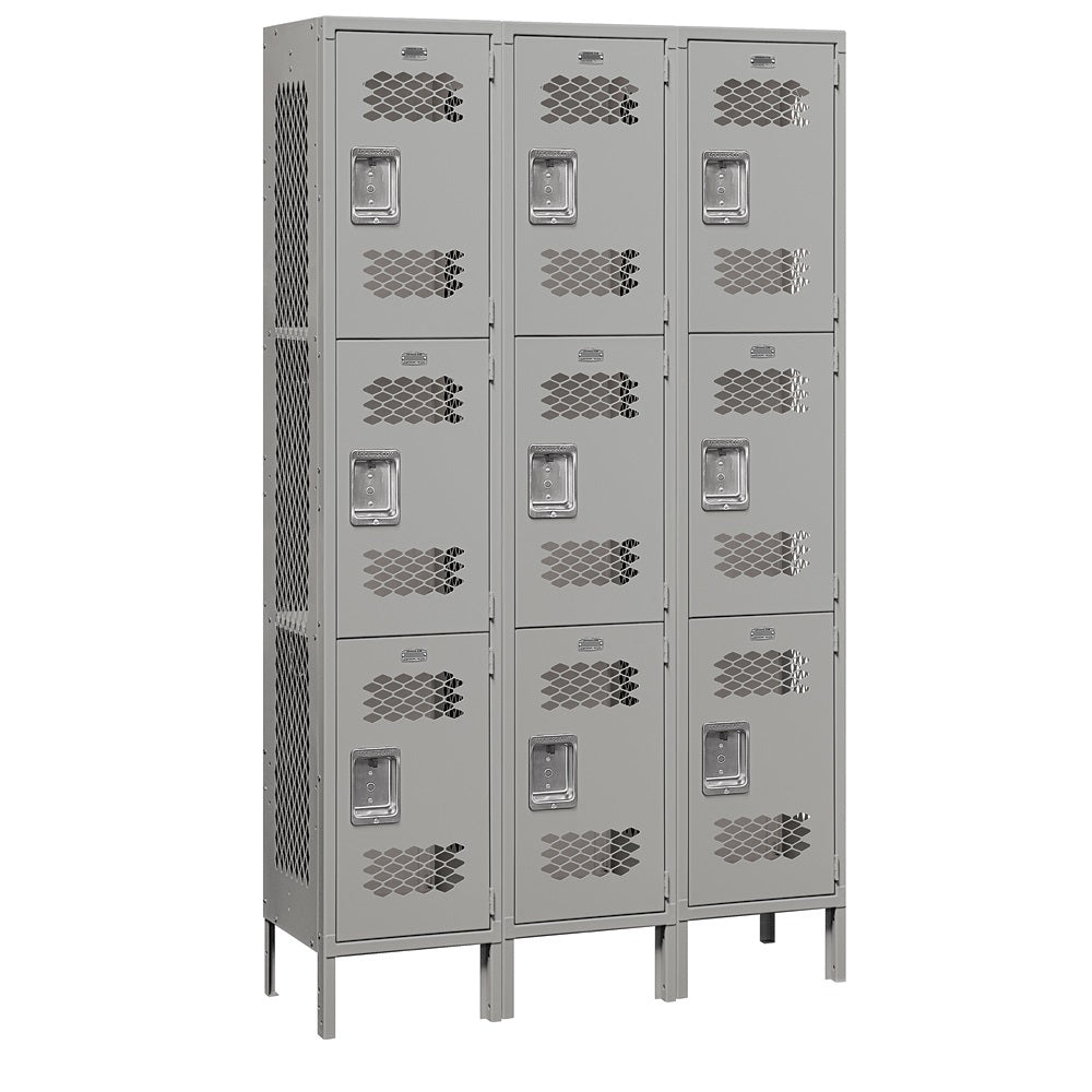 15" Wide Triple Tier Vented Metal Locker, 3 Wide, 6 Feet High, Assembled