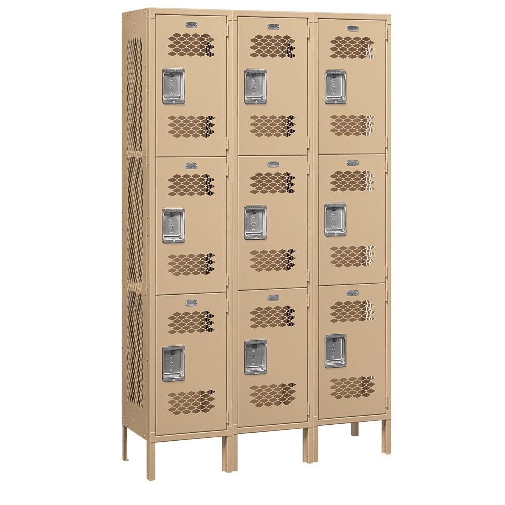 15" Wide Triple Tier Vented Metal Locker, 3 Wide, 6 Feet High, Assembled