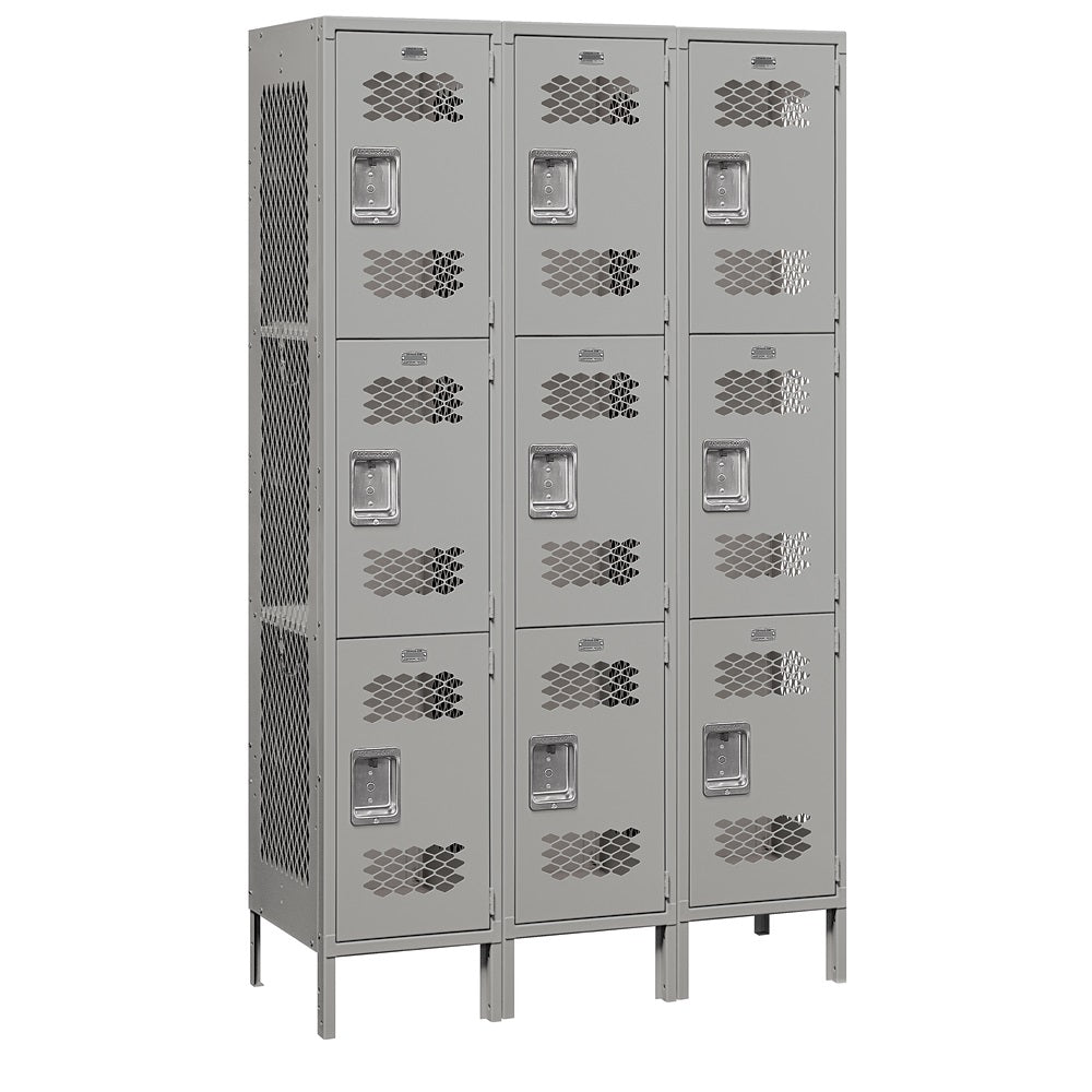 15" Wide Triple Tier Vented Metal Locker, 3 Wide, 6 Feet High, Assembled