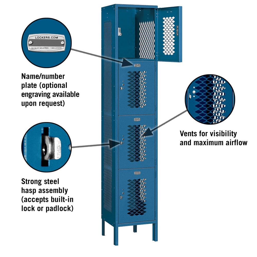 15" Wide Four Tier Vented Metal Locker, 1 Wide, 6 Feet High, Assembled