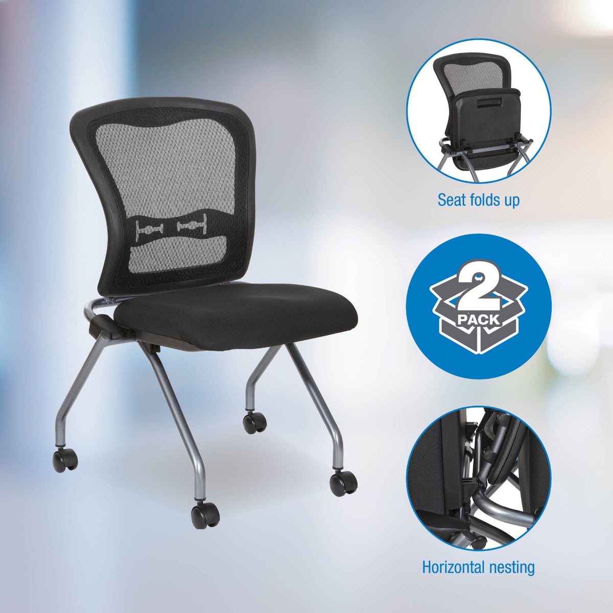 Deluxe ProGrid® Mesh Back Folding/Nesting Armless Chair with Casters, 2-Pack