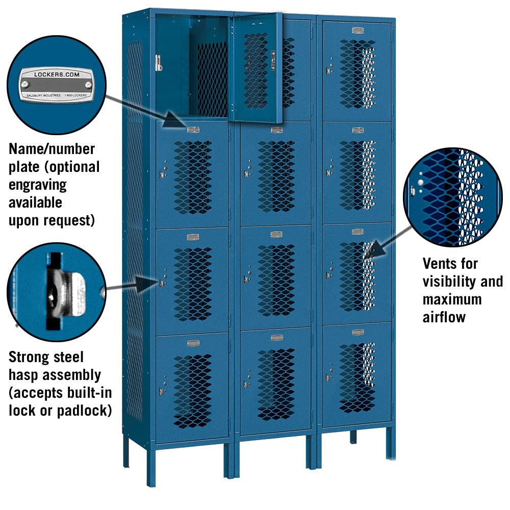 15" Wide Four Tier Vented Metal Locker, 3 Wide, 6 Feet High, Assembled