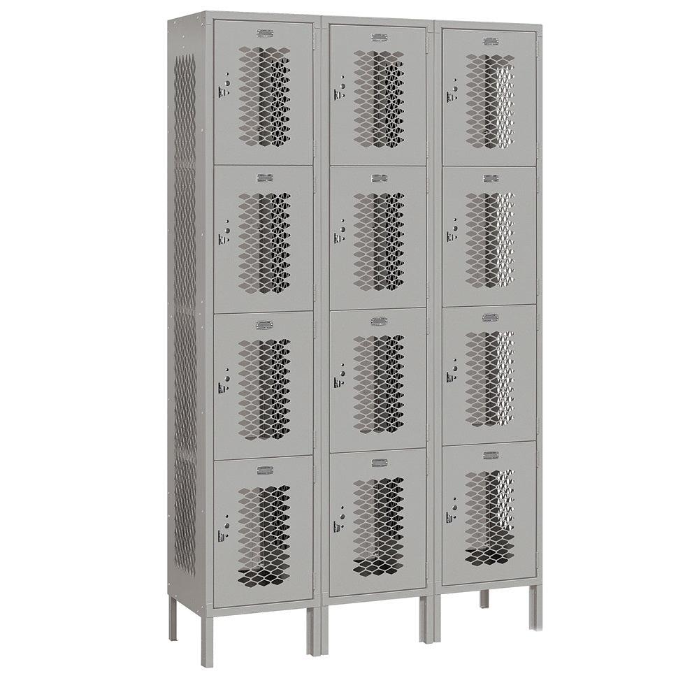 15" Wide Four Tier Vented Metal Locker, 3 Wide, 6 Feet High, Assembled