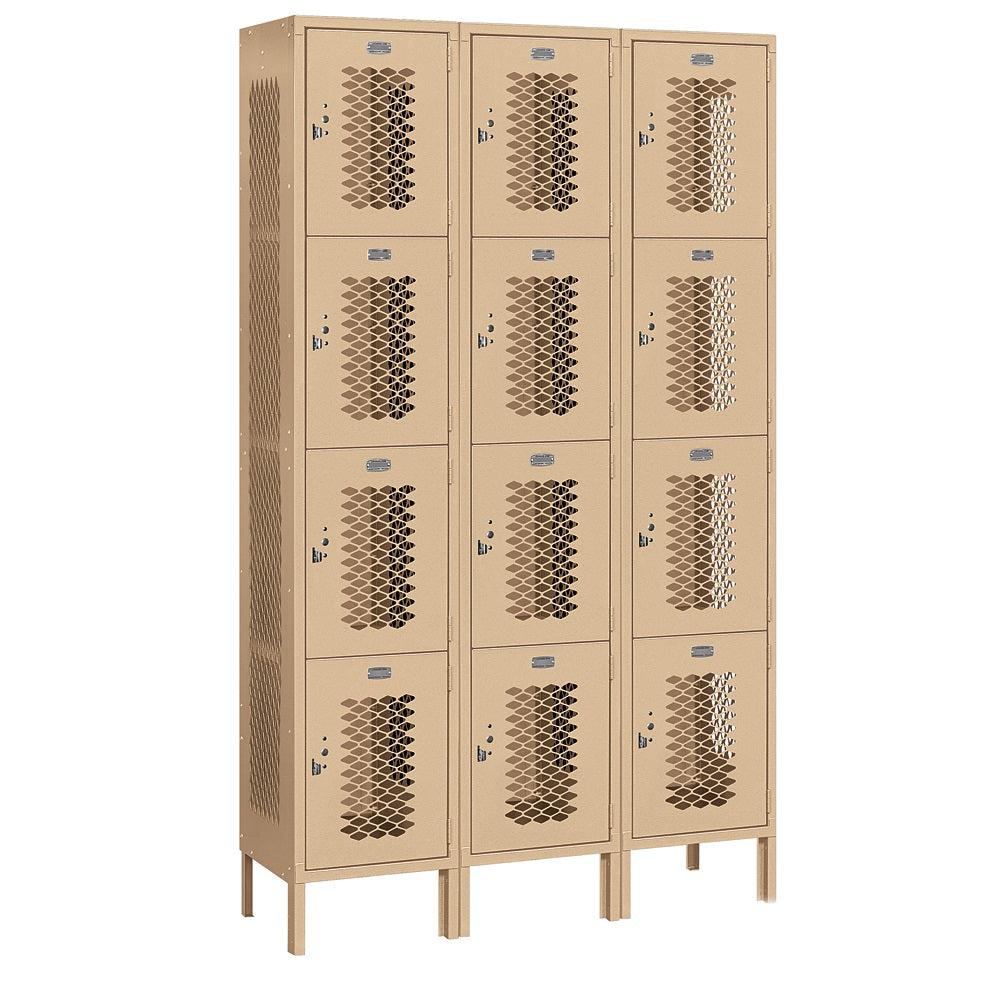 15" Wide Four Tier Vented Metal Locker, 3 Wide, 6 Feet High, Assembled
