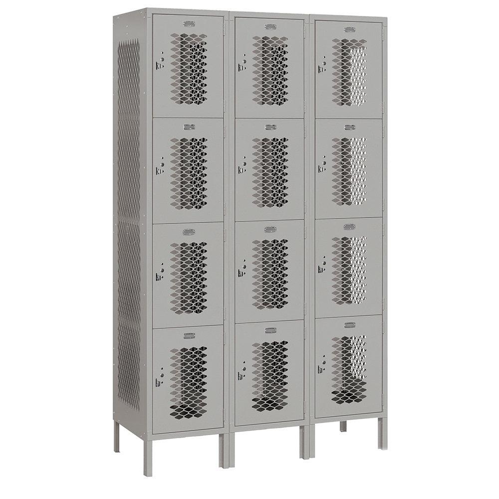 15" Wide Four Tier Vented Metal Locker, 3 Wide, 6 Feet High, Assembled