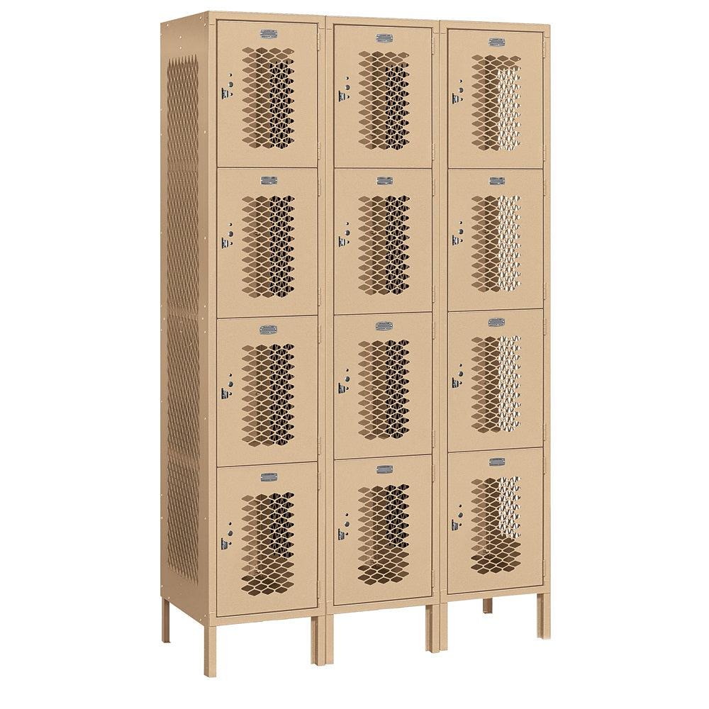 15" Wide Four Tier Vented Metal Locker, 3 Wide, 6 Feet High, Assembled