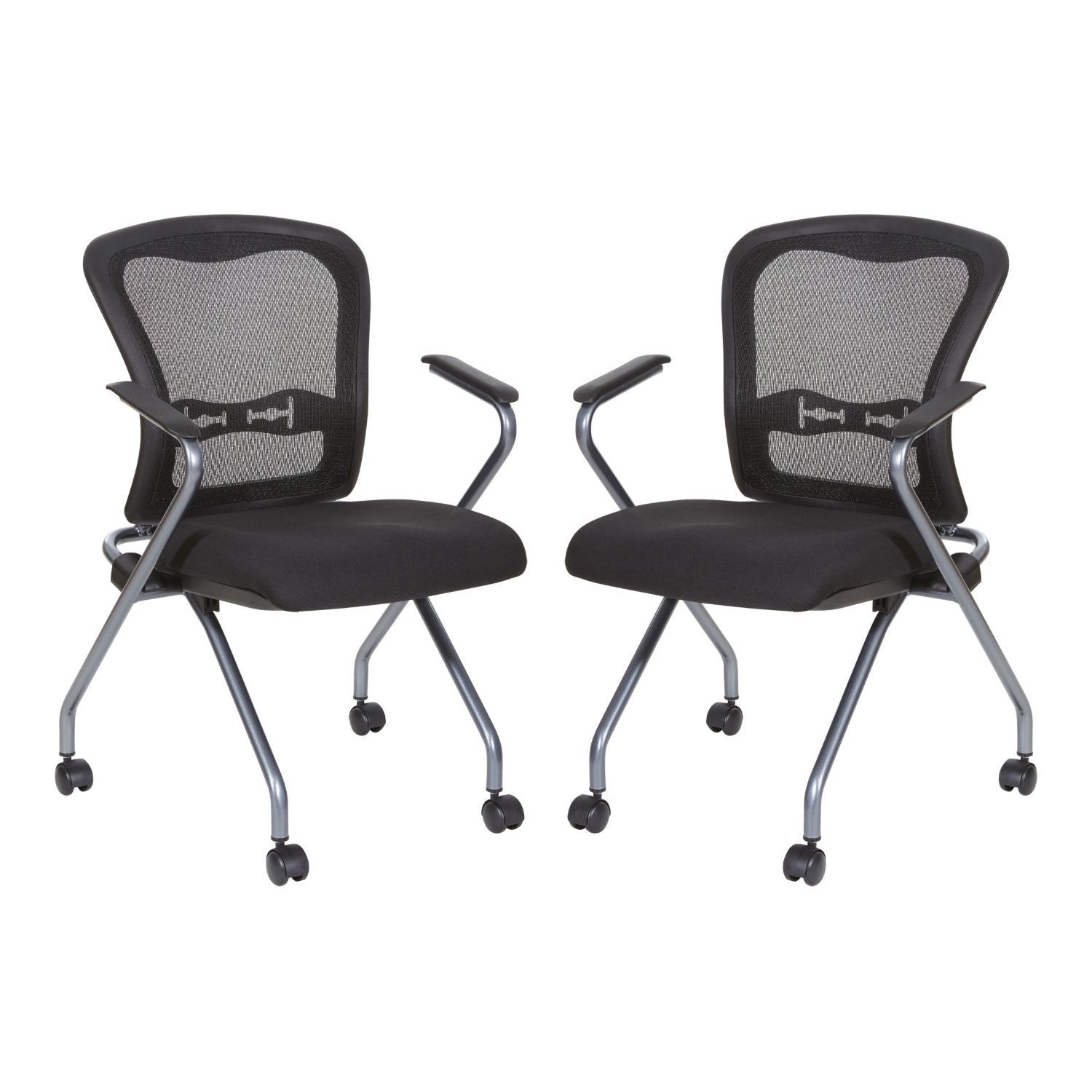 Deluxe ProGrid® Mesh Back Folding/Nesting Arm Chair with Casters, Coal FreeFlex® Fabric Seat, 2-Pack