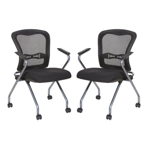 Deluxe ProGrid® Mesh Back Folding/Nesting Arm Chair with Casters, Coal FreeFlex® Fabric Seat, 2-Pack