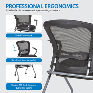 Deluxe ProGrid® Mesh Back Folding/Nesting Arm Chair with Casters, Coal FreeFlex® Fabric Seat, 2-Pack