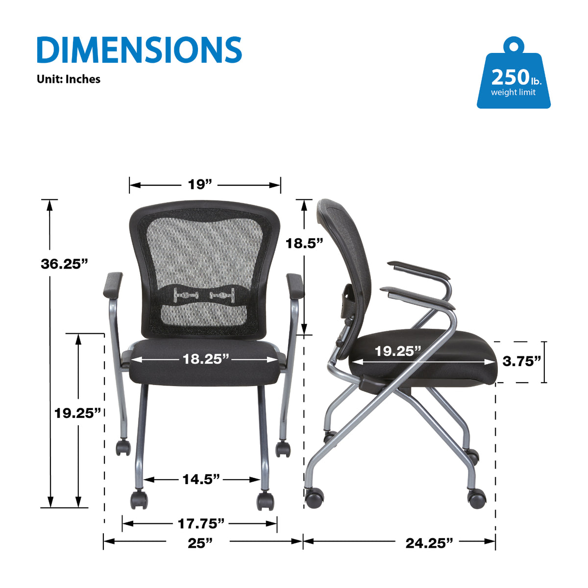 Deluxe ProGrid® Mesh Back Folding/Nesting Arm Chair with Casters, Coal FreeFlex® Fabric Seat, 2-Pack