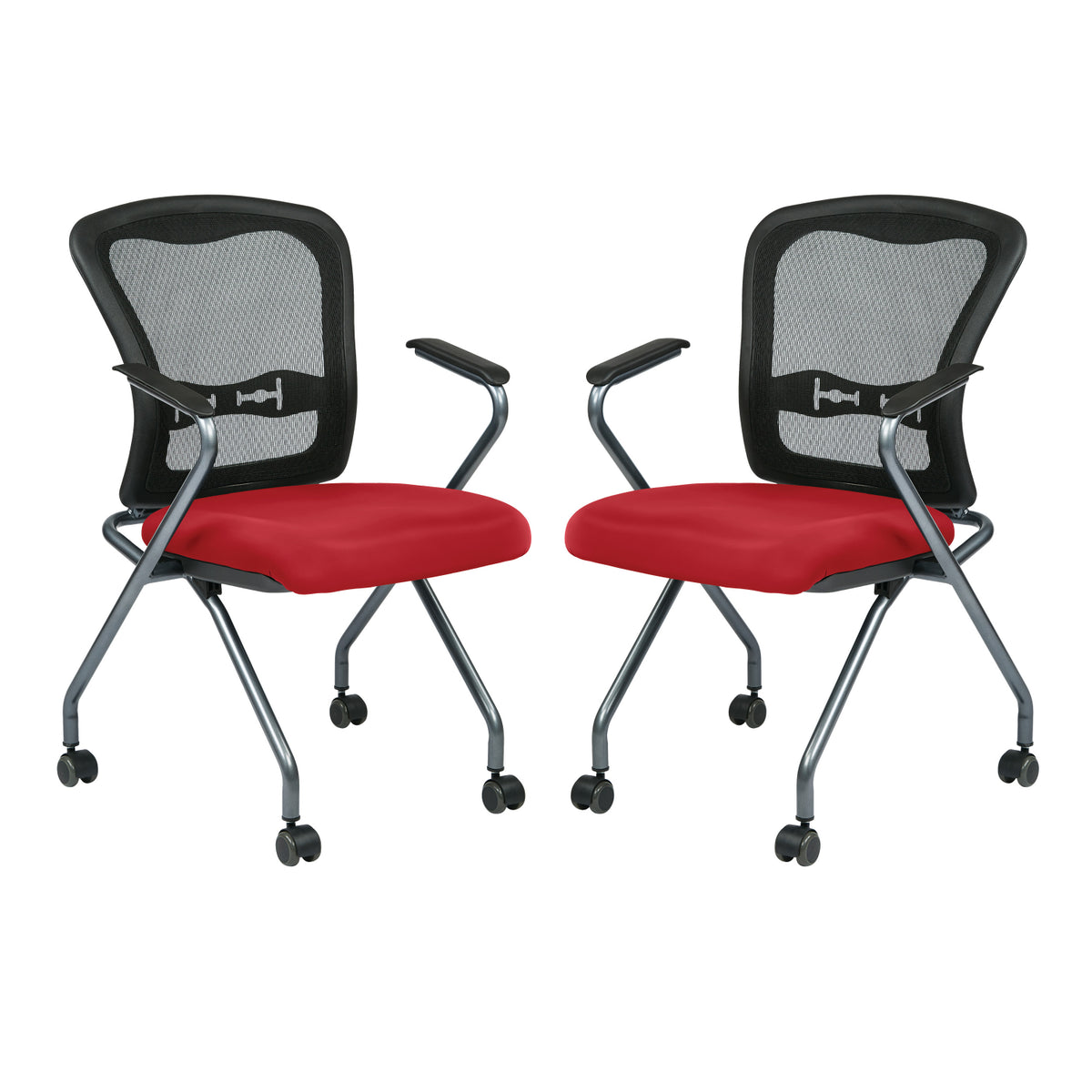 Deluxe ProGrid® Mesh Back Folding/Nesting Arm Chair with Casters, Silver Ion Technology Dillon Padded Seat, 2-Pack