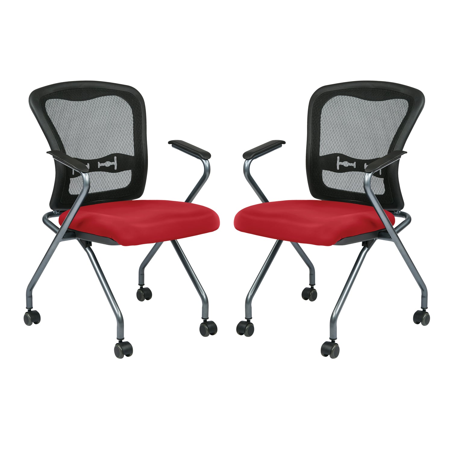 Deluxe ProGrid® Mesh Back Folding/Nesting Arm Chair with Casters, Silver Ion Technology Dillon Padded Seat, 2-Pack