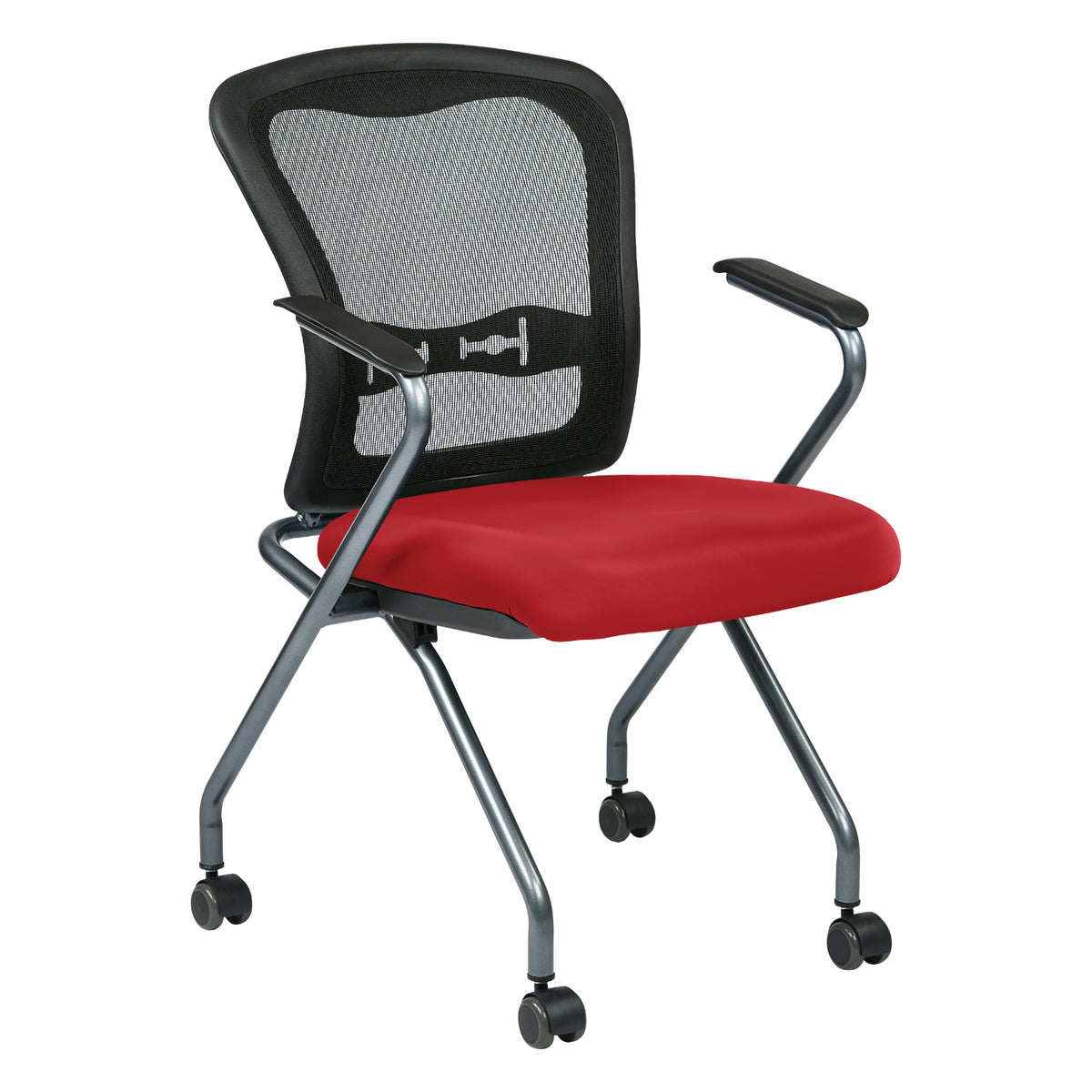 Deluxe ProGrid® Mesh Back Folding/Nesting Arm Chair with Casters, Silver Ion Technology Dillon Padded Seat, 2-Pack