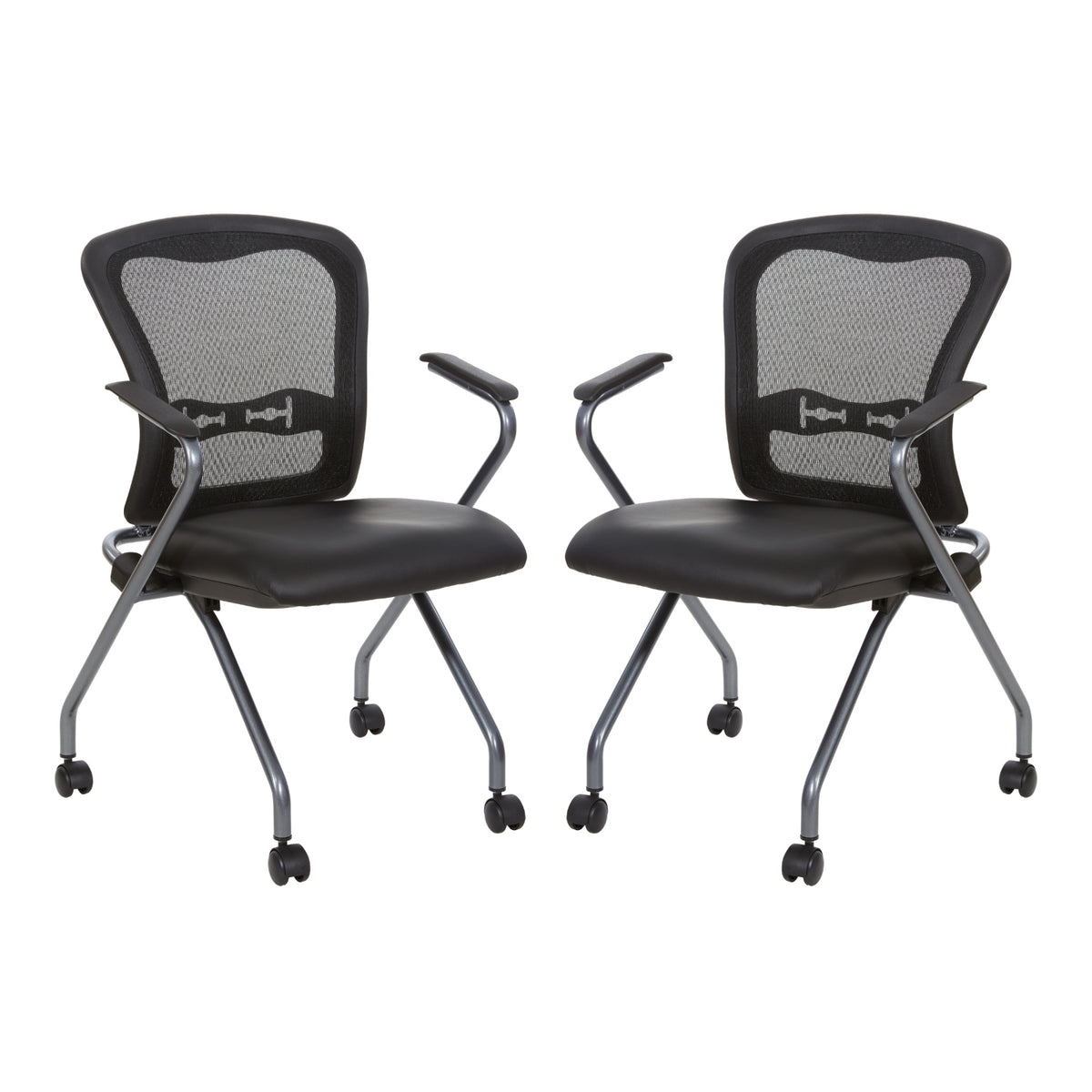 Deluxe ProGrid® Mesh Back Folding/Nesting Arm Chair with Casters, Silver Ion Technology Dillon Black Padded Seat, 2-Pack