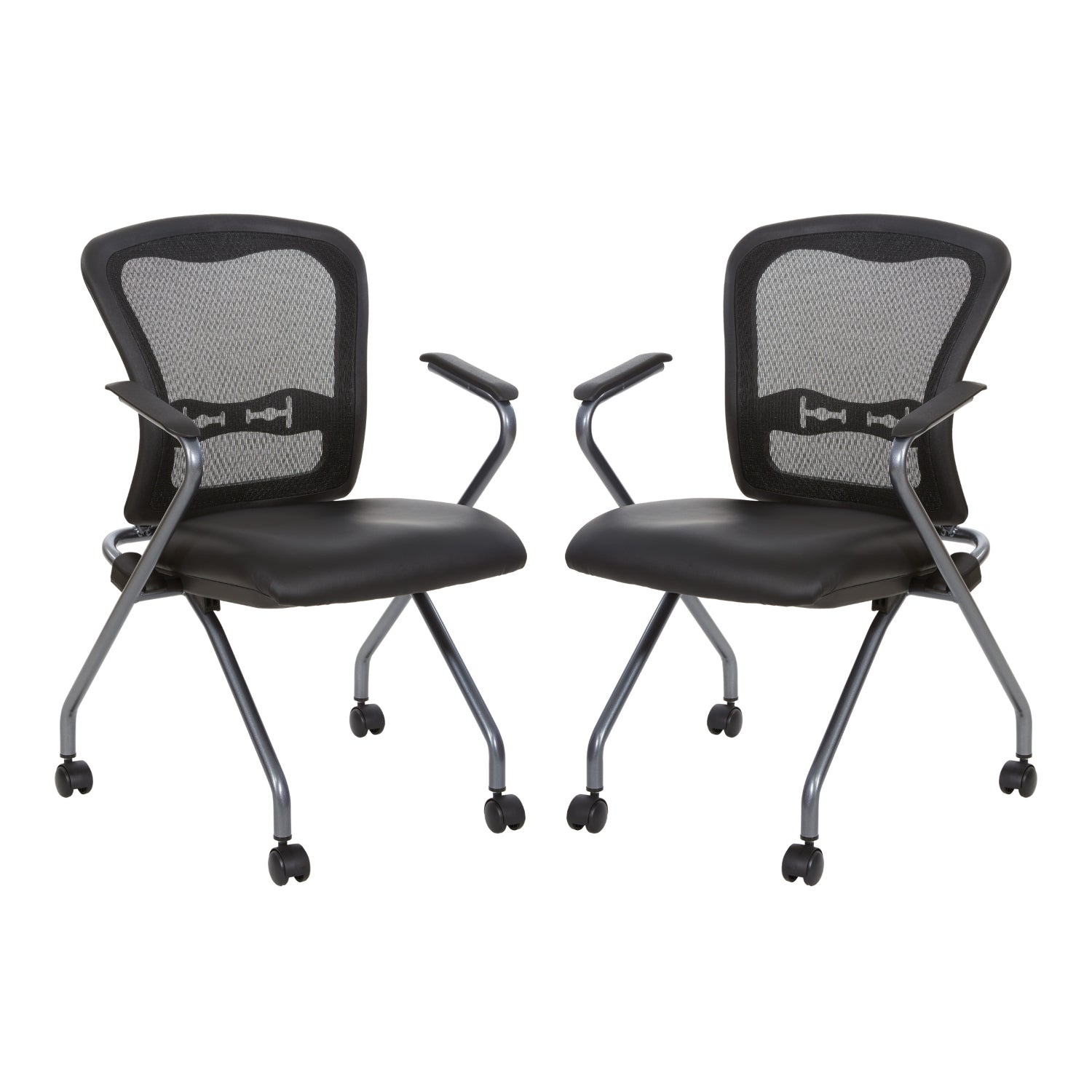 Deluxe ProGrid® Mesh Back Folding/Nesting Arm Chair with Casters, Silver Ion Technology Dillon Black Padded Seat, 2-Pack