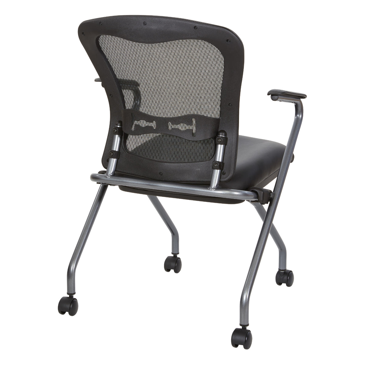 Deluxe ProGrid® Mesh Back Folding/Nesting Arm Chair with Casters, Silver Ion Technology Dillon Black Padded Seat, 2-Pack