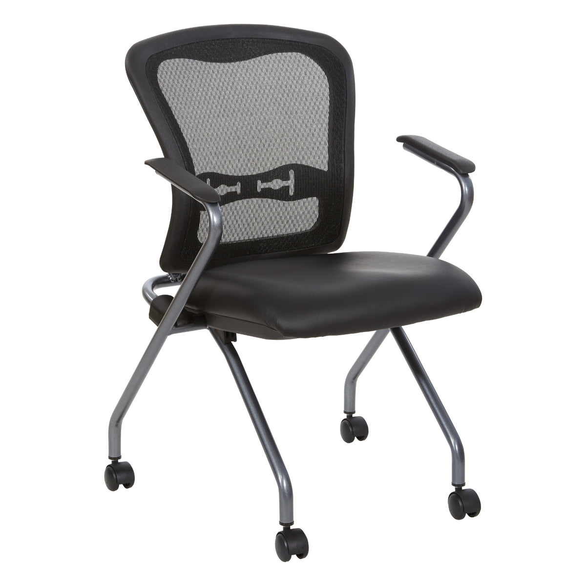 Deluxe ProGrid® Mesh Back Folding/Nesting Arm Chair with Casters, Silver Ion Technology Dillon Black Padded Seat, 2-Pack