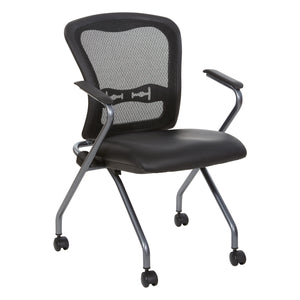 Deluxe ProGrid® Mesh Back Folding/Nesting Arm Chair with Casters, Silver Ion Technology Dillon Black Padded Seat, 2-Pack