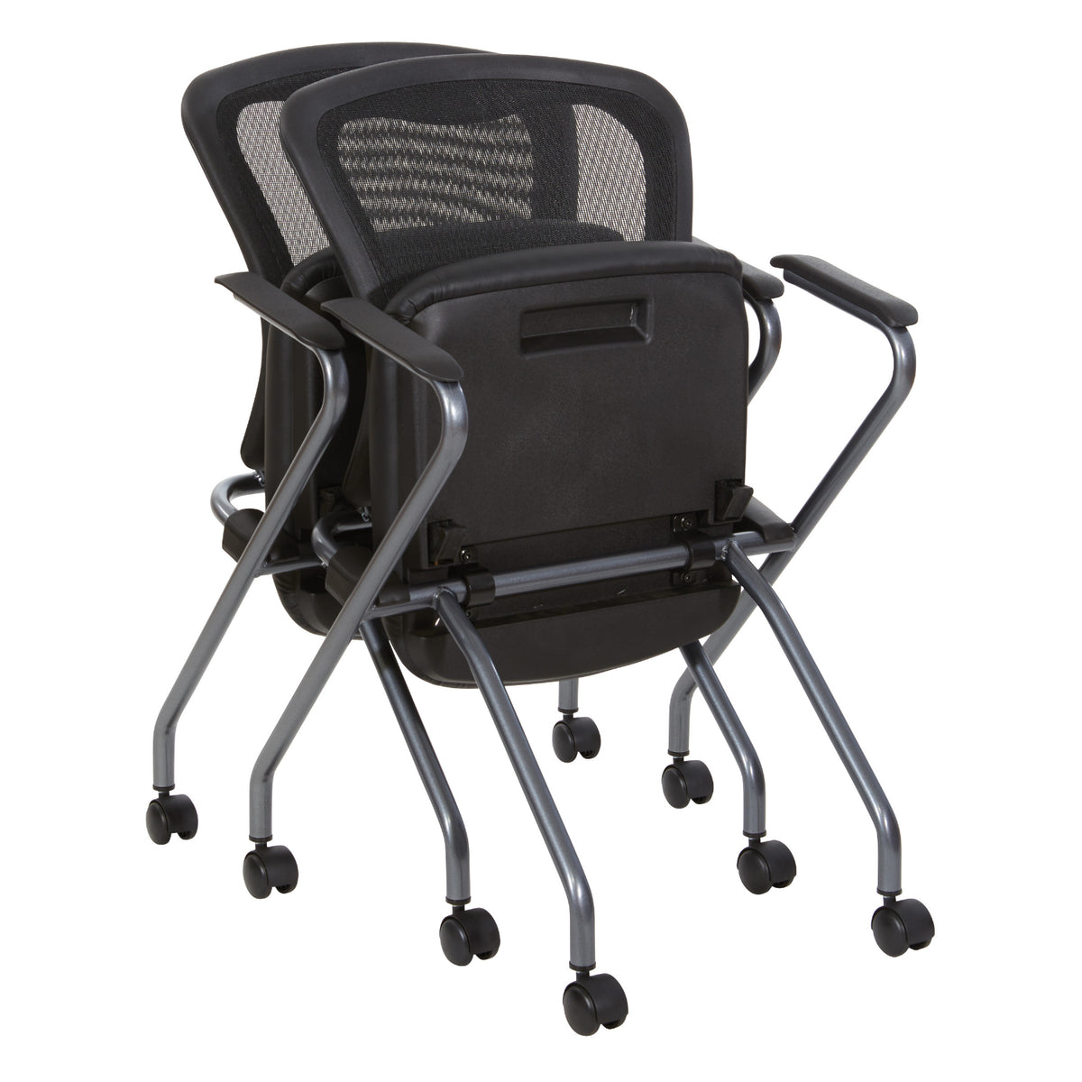 Deluxe ProGrid® Mesh Back Folding/Nesting Arm Chair with Casters, Silver Ion Technology Dillon Black Padded Seat, 2-Pack