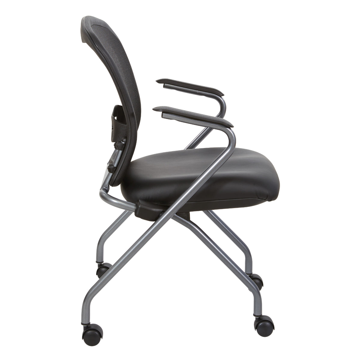 Deluxe ProGrid® Mesh Back Folding/Nesting Arm Chair with Casters, Silver Ion Technology Dillon Black Padded Seat, 2-Pack